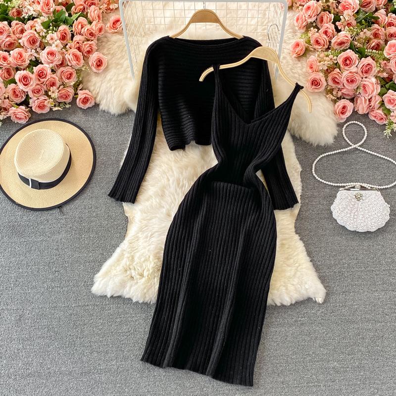 Осенний женский комплект платья-свитера, шикарный короткий вязаный свитер, топ с бретелькой на шее, платье с v-образным вырезом, темпераментное платье на бедрах, многослойный комплект из двух предметов