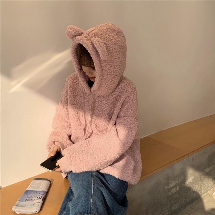 Kawaii милая толстовка с медвежьими ушками женская осень-зима повседневное флисовый свободный пуловер с длинными рукавами друзья корейская мода толстовки