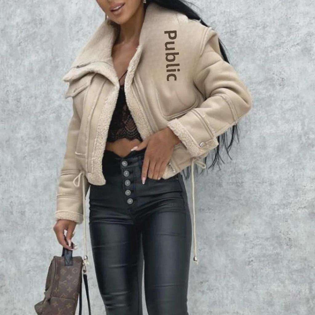 Женская куртка из искусственной кожи и флиса для мотоцикла с воротником-стойкой и короткой молнией (Модель 3120)