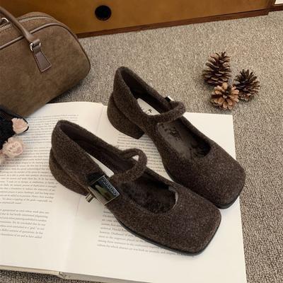 Флисовые зимние туфли Мэри Джейн с квадратным носком, пушистые туфли бабушки, высокий каблук, темпераментные, шерстяные, толстый каблук, одинарные туфли, женская обувь, французские