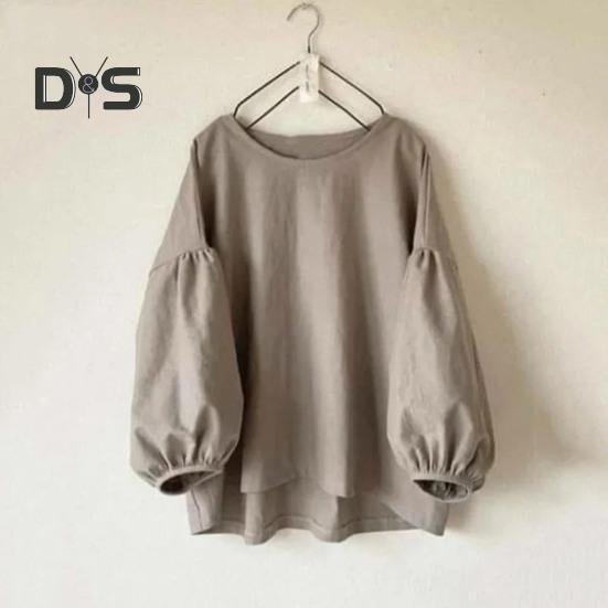 Женские топы с круглым вырезом, пышные, с длинным рукавом, однотонные, свободные, повседневные, блузки, универсальная повседневная одежда