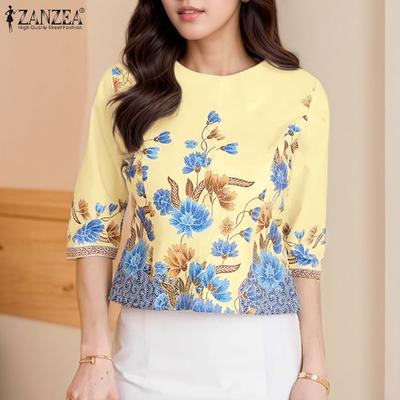 Женская повседневная блузка с круглым вырезом и рукавом 3/4 с ретро-принтом