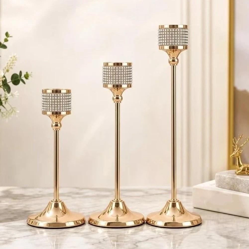 Romantic Rhinestone Candle Holder Iron Art Metal Candelabra Ornament Home Dining Table