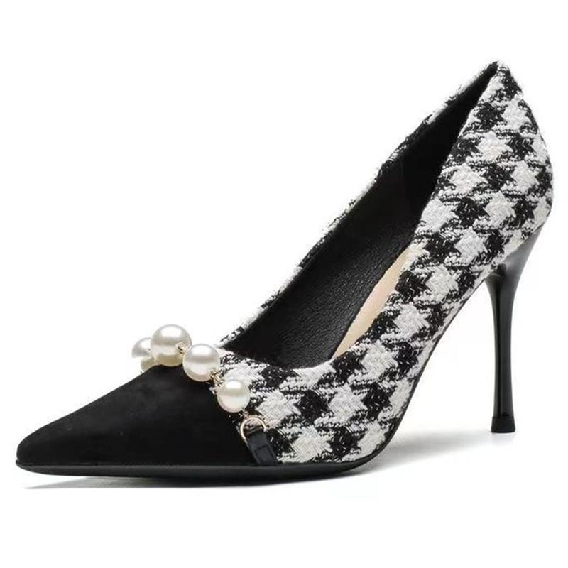 Fashion Fashion Pearls Decoration High Heels Shoes Women Plaid Thin Heels Party Pumps for Woman Spring Autumn Pointed Toe Pumps Female