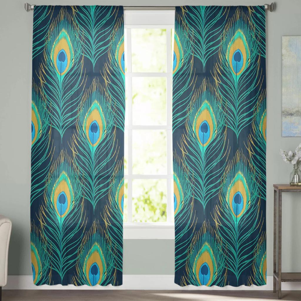 Голубые прозрачные занавески с перьями павлина для гостиной, зала, стены, нарядные принадлежности для окон, тюлевые шторы с поп-принтом