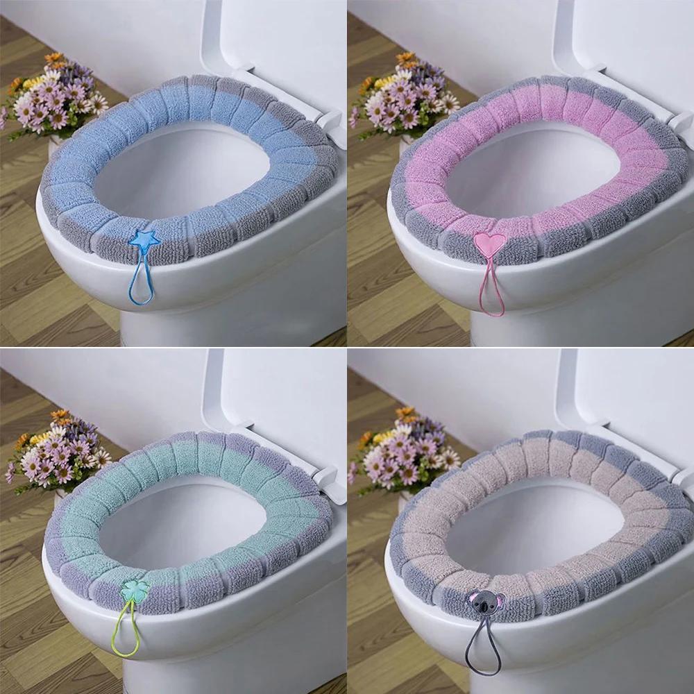 Зимний теплый чехол на сиденье для унитаза, коврик для ванной комнаты, подушка для унитаза с ручкой, более толстый, мягкий, моющийся туалетный столик, теплые аксессуары