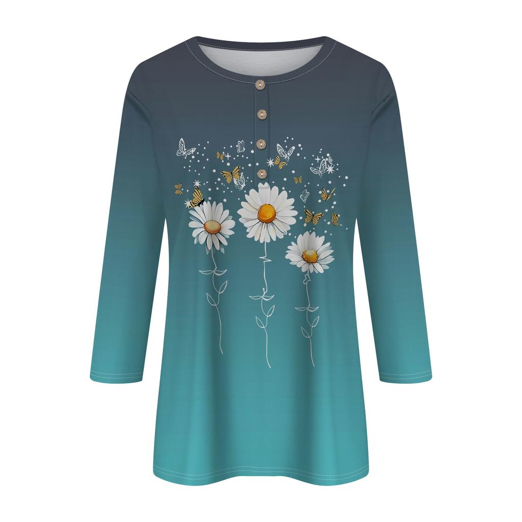 Women's Fashion Floral Print 7/10 Sleeve Loose Round Neck Top
