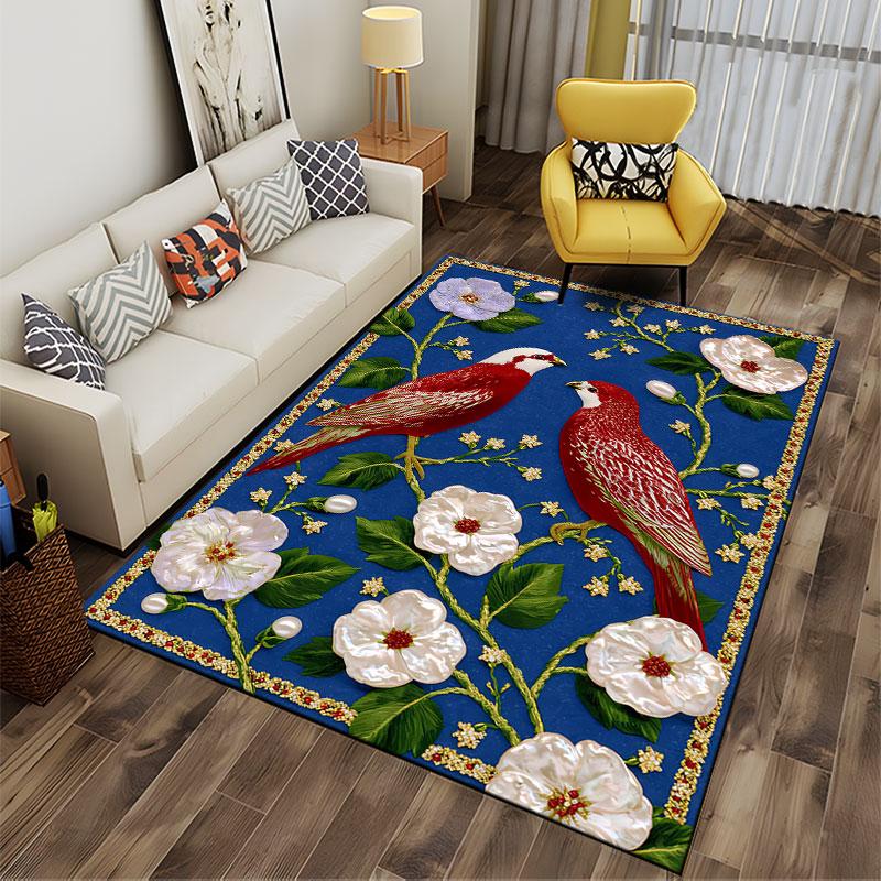 Red Birds and Floral Design Carpet suitable as a non-slip mat for the living room or bedroom sofa