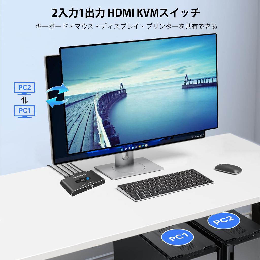 USB KVM-переключатель с 2 входами HDMI и 1 выходом, переключает между 2 ПК и 1 монитором, общий доступ к клавиатуре/мыши/дисплею для 2 ПК, видеовыход 4K@60 Гц