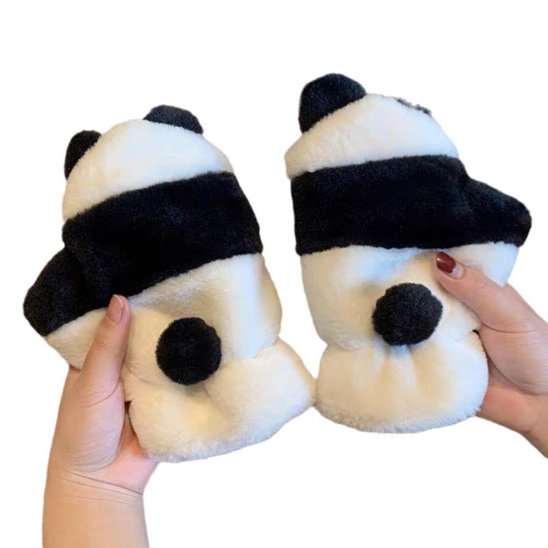 New Half-finger Cute Panda Student Writing Leaking Finger Gloves Cartoon Girl Riding Warm Riding Plush Gloves
