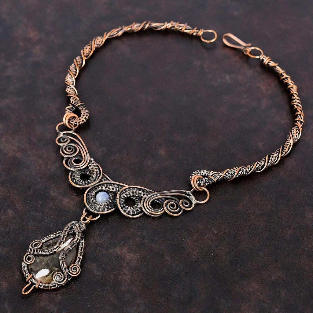 Ожерелье из арахисового дерева и яшмы, ювелирные изделия из медной проволоки, ожерелье из настоящего драгоценного камня, медное ожерелье ручной работы, проволочная обмотка, ожерелье из радужного лунного камня