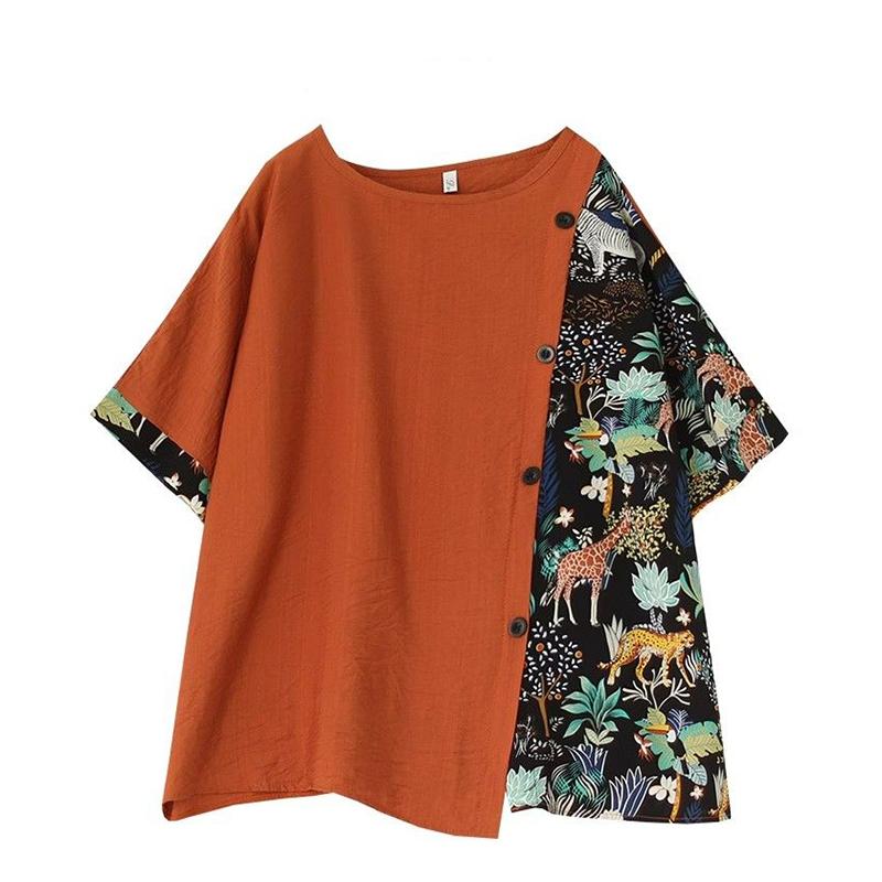 Дизайнерская футболка с короткими рукавами из хлопка и льна, женская летняя свободная, закрывающая живот и тонкий верх, летний топ с коротким рукавом