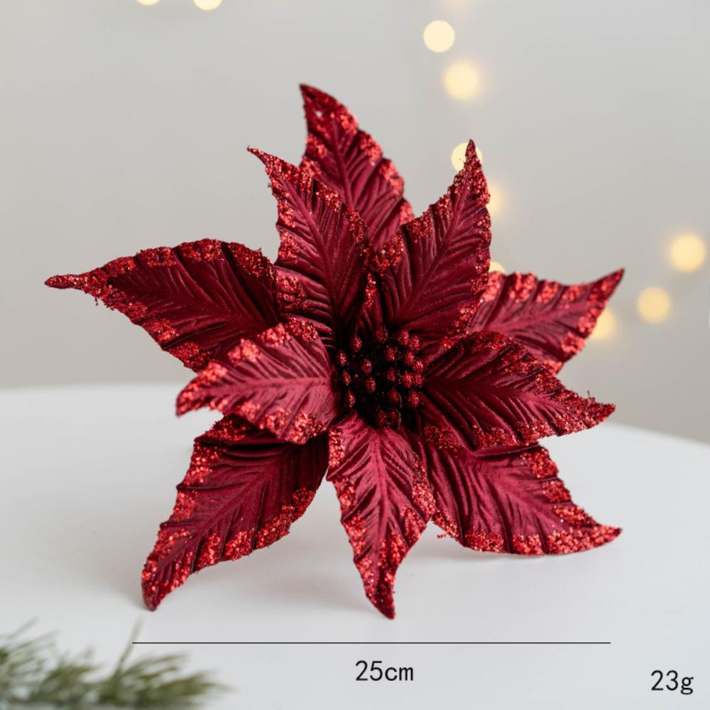 New Fabric Plastic Christmas Artificial Flowers 25cm DIY Decoration Fake Flower Ornaments Glitter Poinsettia Xmas