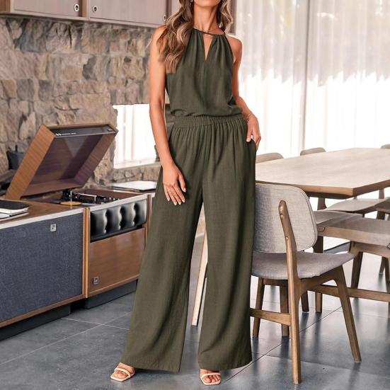 Женский летний комплект из 2 предметов: повседневный топ без рукавов с бретелькой через шею и широкие брюки, летний домашний костюм из хлопка и льна