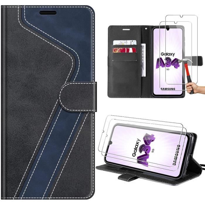 Shockproof Case - Booling - for Samsung Galaxy A34 5G - PU Leather - Black - 2 9H Tempered Glass