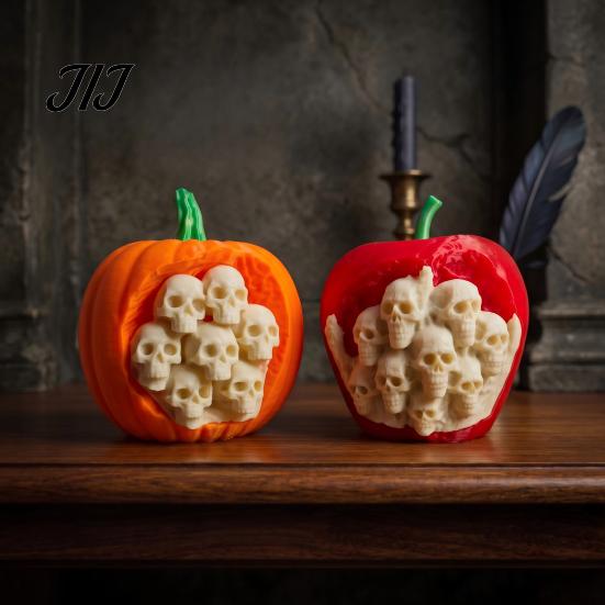 Decorative Skull Fruit Shells Halloween Pumpkin Apples Statue, 3D Printed Spooky Figurine with Creepy Miniature Home Ornaments Embedded Skulls,