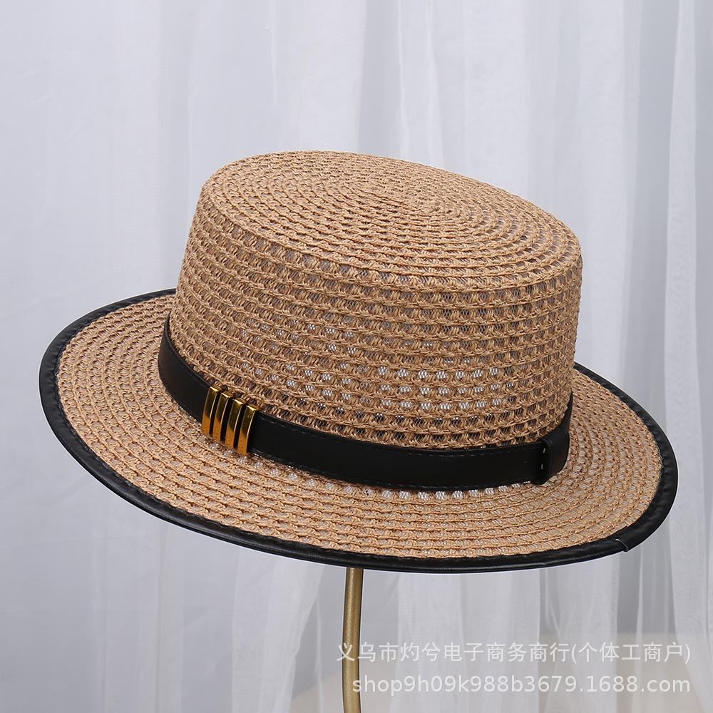 Hepburn style flat top straw hat women's new sunscreen sun hat British style straw woven flat edge hat summer sunshade hat