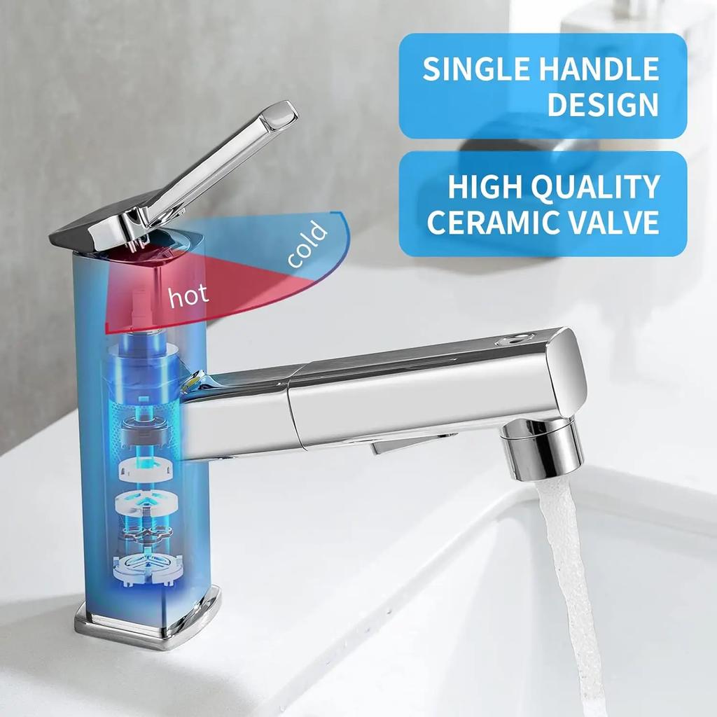 3 модели выдвижных кранов для ванной комнаты, кран с выдвижным душем, поворотный излив, кран для раковины в ванной, одно отверстие, выдвижной кран