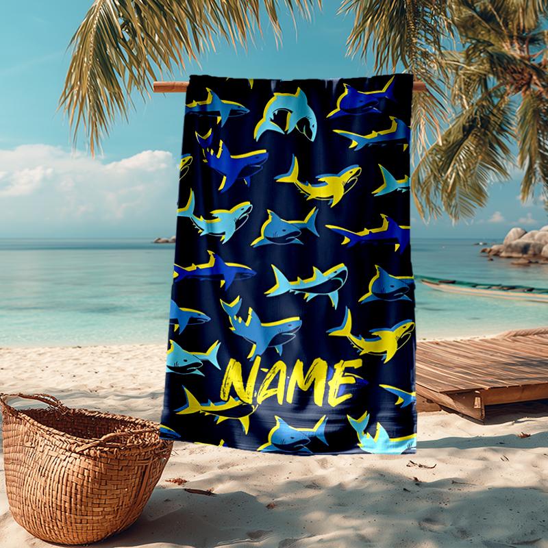 Custom Name Ultra-Soft Beach Towel with Shark Theme,Ideal for Pool - Camping, Diving - Perfect Travel Essential, Vibrant Beach Towel.