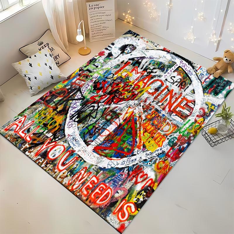 Colorful Graffiti Art Carpet with Text "Imagine" and Bold Design Suitable for use as an anti-slip for living room bedroom sofas
