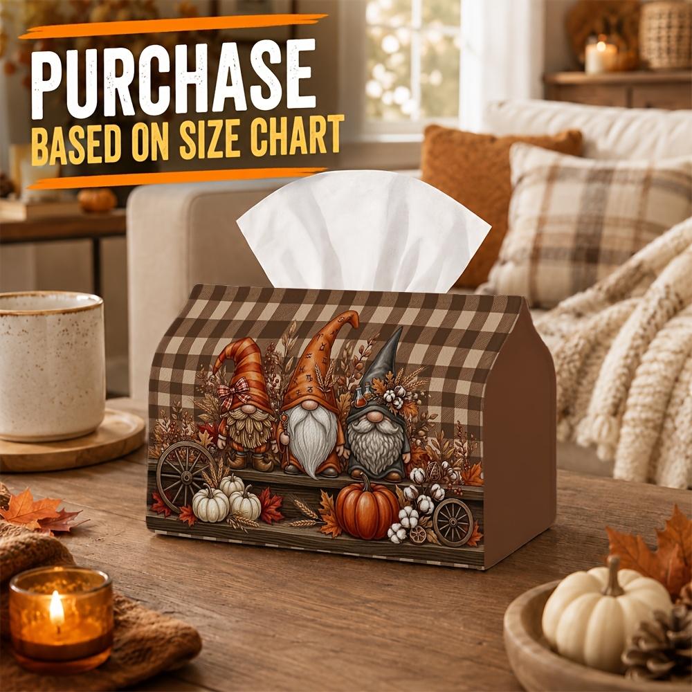 1pc Rustic Plaid Farmhouse Fall Tissue Box with Autumn Gnome Pumpkin Cart-Decoration Napkin Storage Organizer for Kitchen,Car,Elegant Decorative Box,P