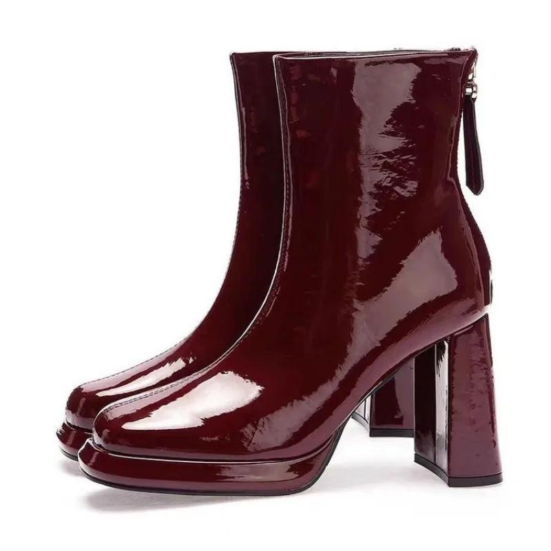 Ботильоны на платформе с высоким каблуком, женские туфли с квадратным носком, челси, глянцевая кожа, зима, снег 2024, тренд, роскошь, вечеринка, Botas Mujer