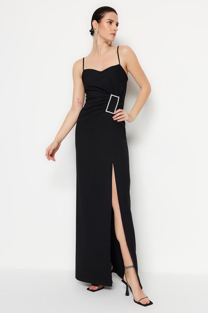 Women's Fashion New Evening Dress & Graduation Dress Black Accessory Detailed Long Evening Evening Dress
