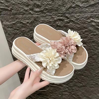 Новые однословные тапочки женские летние двухцветные с цветочным узором на толстой подошве прохладные тапочки женские модные удобные пляжные тапочки