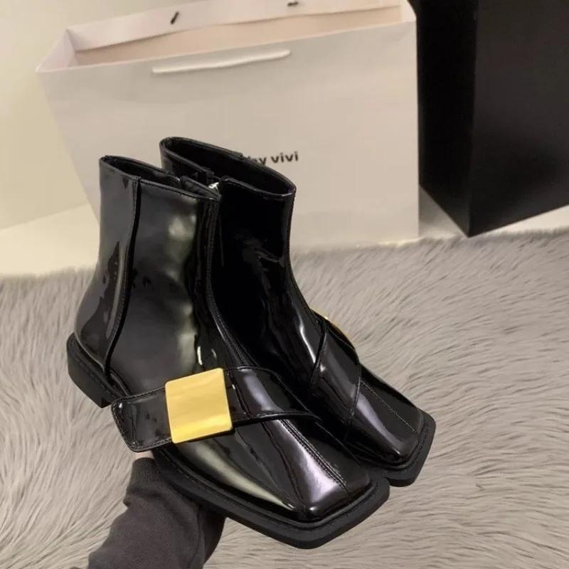 New Lacquer Leather Short Boots Women Four Seasons British Fashion Plush Comfort Boots Outdoor Walking Casual Shoes