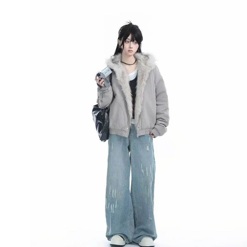 Winter Elegant Liner Fur Loose Coat Women Y2k Fur Collar Hood Thick Fashion Parkas Casual Outerwear Cotton Padded Jackets