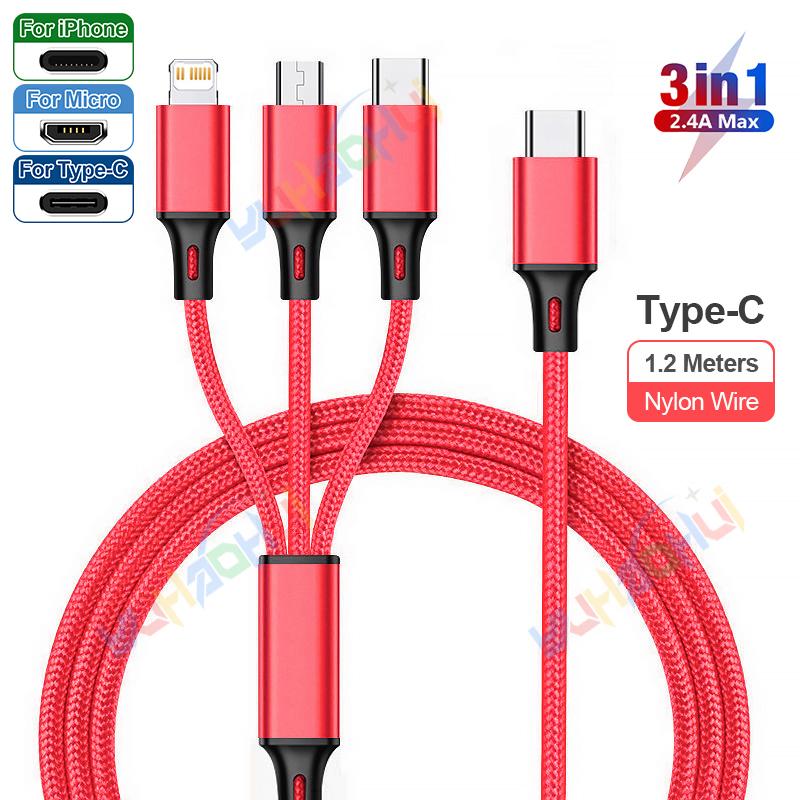 2.4A Макс. 3 в 1 USB-кабель для быстрой зарядки Lightning-кабель для iPhone Type C Кабель для зарядки мобильного телефона для Xiaomi Samsung USB Micro