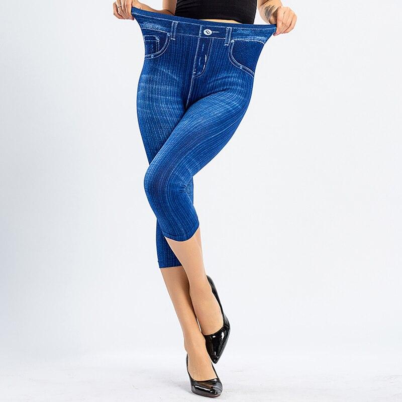 Women Denim Print Leggings Fashion Slim Leggings Faux Jeans Leggings Stretch Printed Short Leggins Pants
