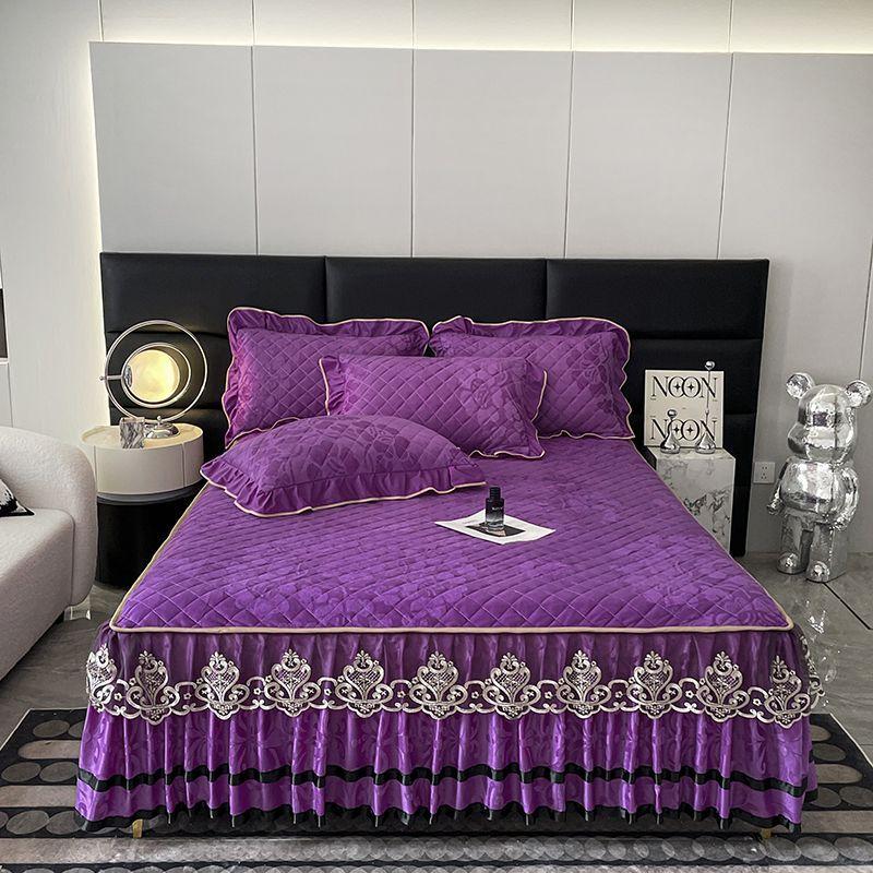 Кружевной стеганый комплект из трех предметов: юбка для кровати из хрустального бархата для тепла осенью и зимой, коралловое покрывало, утолщенное флисовое покрывало, защитный чехол, постельное белье