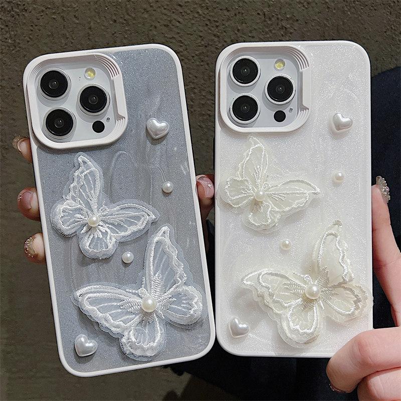 Роскошный сетчатый чехол с жемчужной бабочкой для iPhone 15 Pro Max 14 Plus 13 12 11 Pro, защитный чехол для девочек