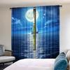 2Pcs Moon Sea Curtain Blue Scenery Landscape Ocean Night Moonlight Cloud Starry Stars Modern For Men Women Decor Suitable For