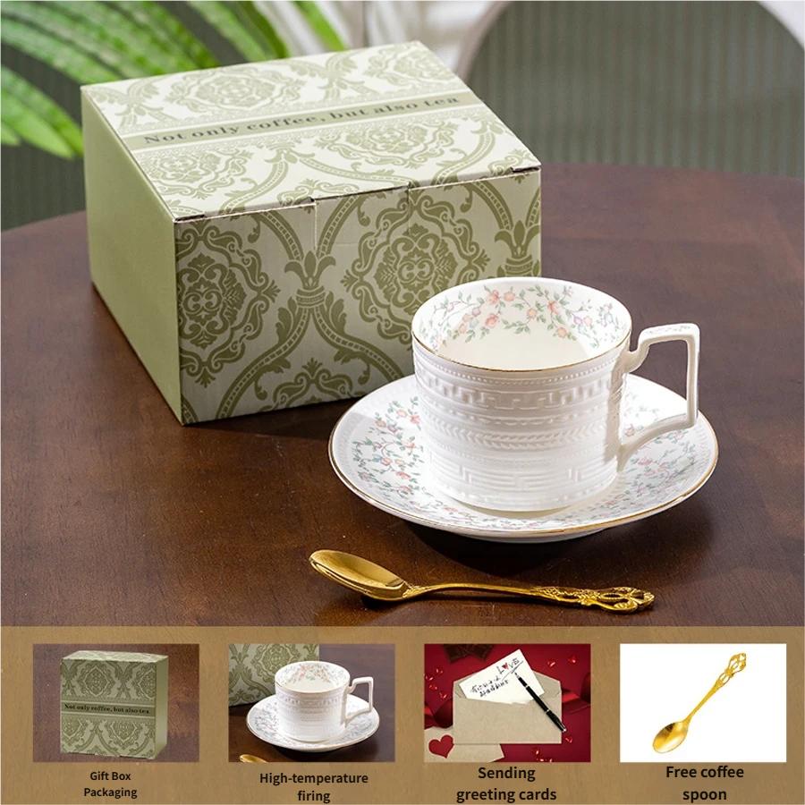 Vintage Floral Ceramic Coffee Cup & Saucer Set with Spoon, Gift Box, 280ml for Afternoon Tea