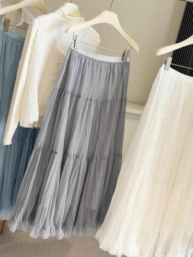 French Style High-Waist Midi Skirt: Spring A-Line Pleated Mesh Swing Skirt for Women