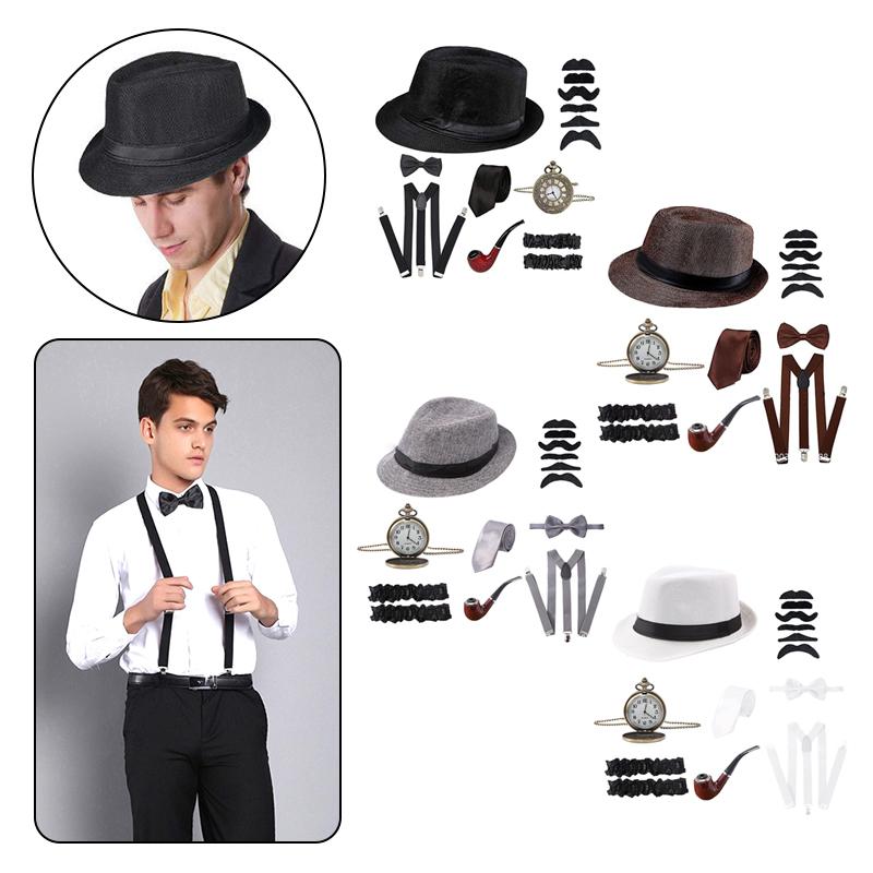 1Set 1920's Cosplay Costume Hat Pocket Watch Neck Tie Moustache Bowtie Gatsby Masquerade Accessories
