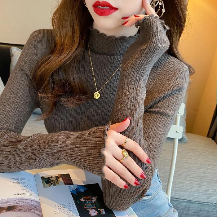 Wooden Ear Side Half Turtleneck Knitted Top For Women Autumn and Winter Knitwear Style Outside To Wear A New Coat Inside The Base