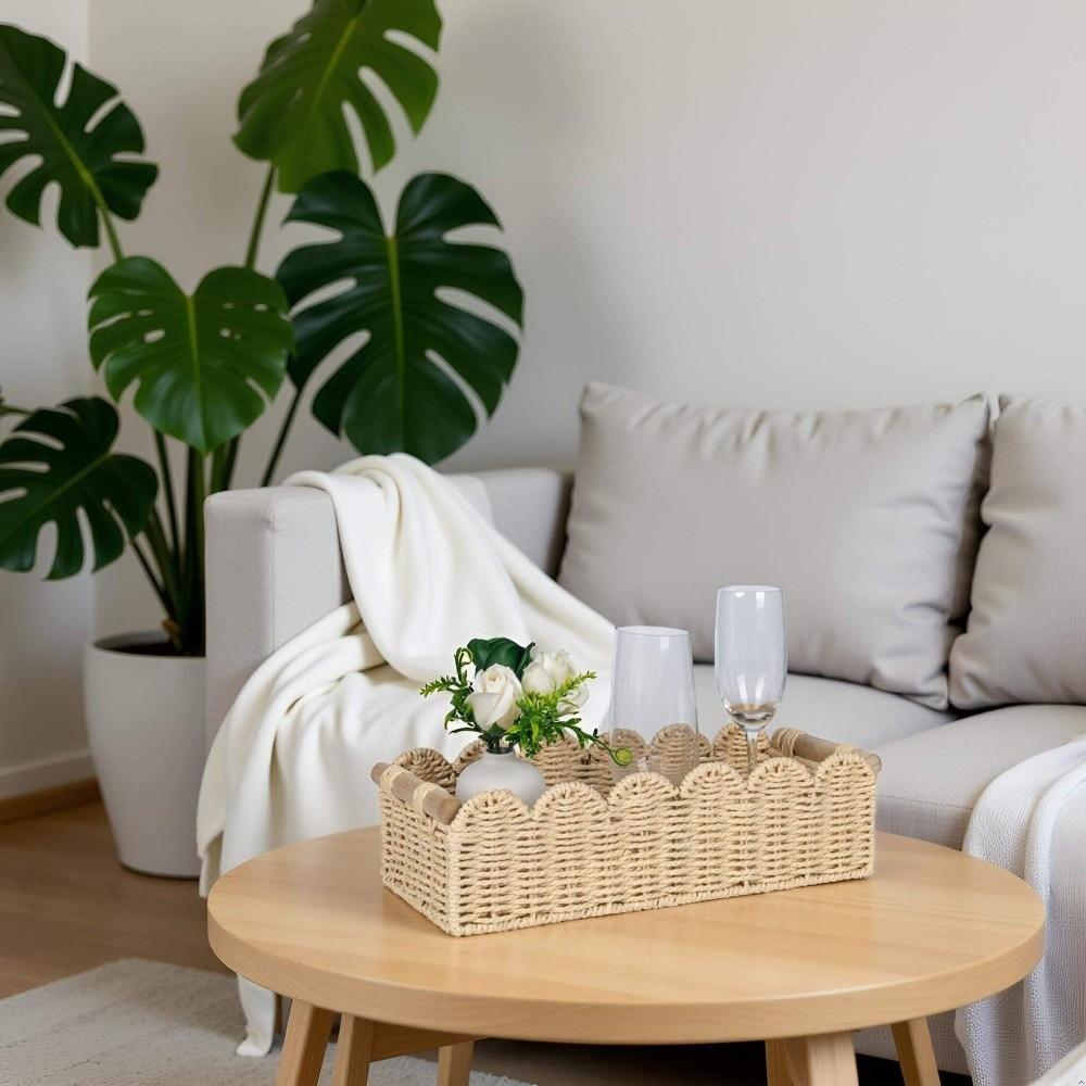 Корзина из бумажной веревки с волнистым краем, деревянные ручки, нейтральный цвет, корзина для хранения, корзина для туалетной бумаги, гостиная