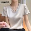 Silk T-shirt for Women Spring and Summer Short Loose V-neck Solid Colour Texture Simple Inner Short-sleeved Top