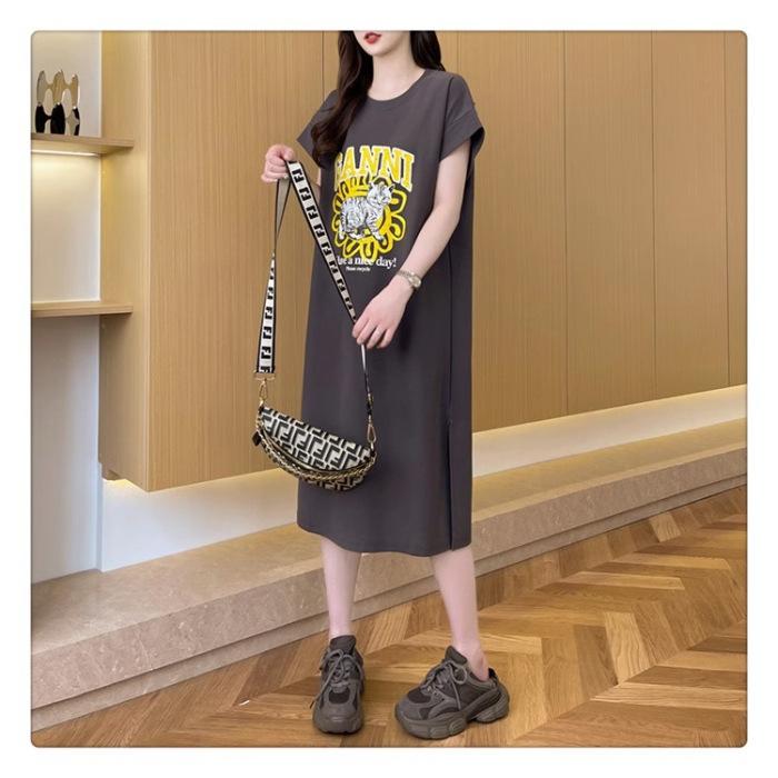 Женское платье-футболка с короткими рукавами и принтом, свободное повседневное утягивающее платье с разрезом на рукаве-крыле