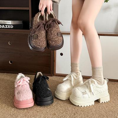 [Fanfna] Европейские лоферы на платформе-маффине со шнуровкой и большой головкой, женские универсальные пушистые туфли на небольшой платформе, увеличивающей рост