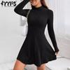 Women's Fashion Spring Fall Solid Color Print Long Sleeve Half Turtleneck High Waist Casual Dresses