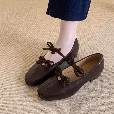 Модные французские ретро туфли-лодочки с бантом для женщин 2025 осень новый стиль квадратный носок толстый каблук Мэри Джейн