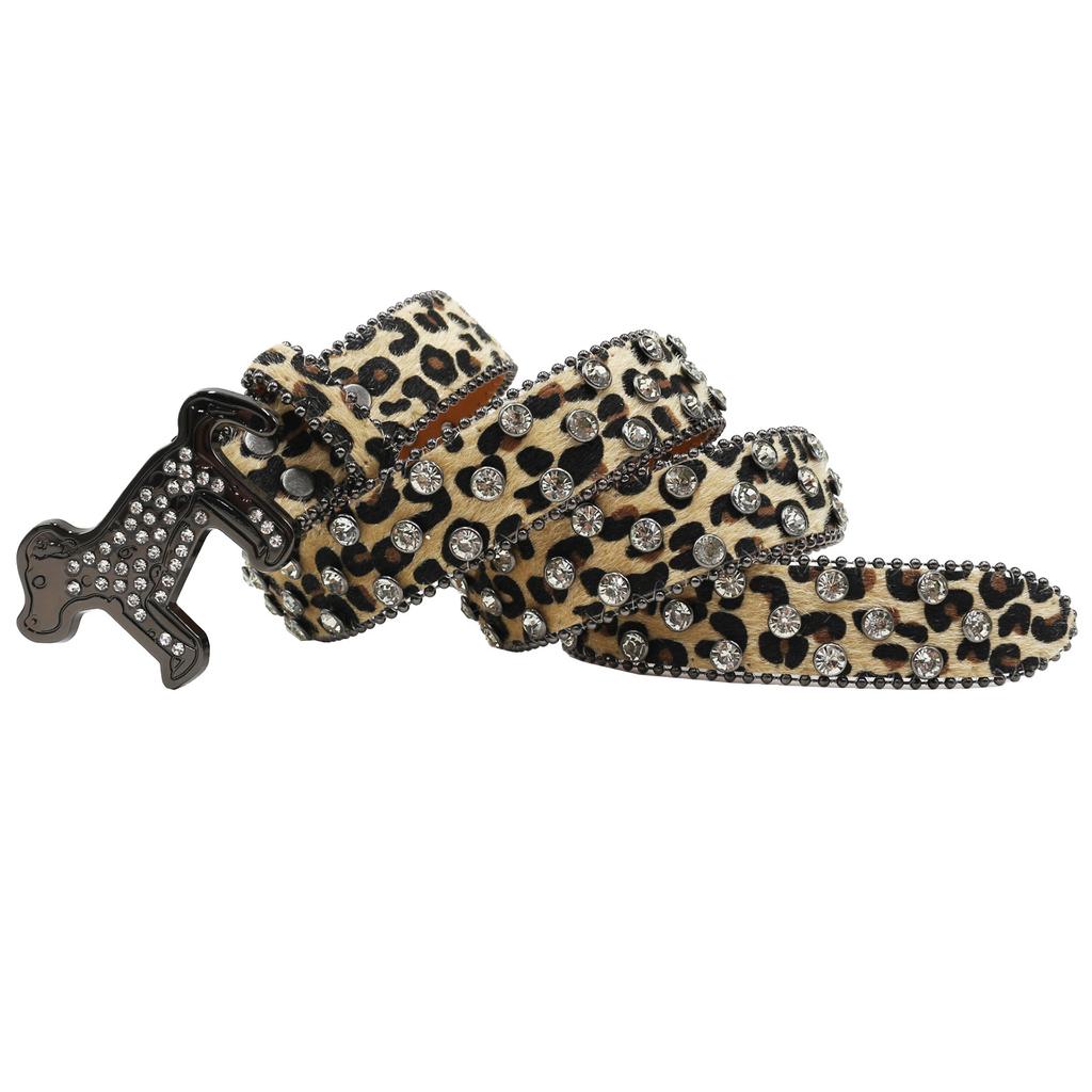Dog Buckle Belt Leopard Print Western Rhinestone Belt Personalized Denim Rivet Jeans Trousers Belt