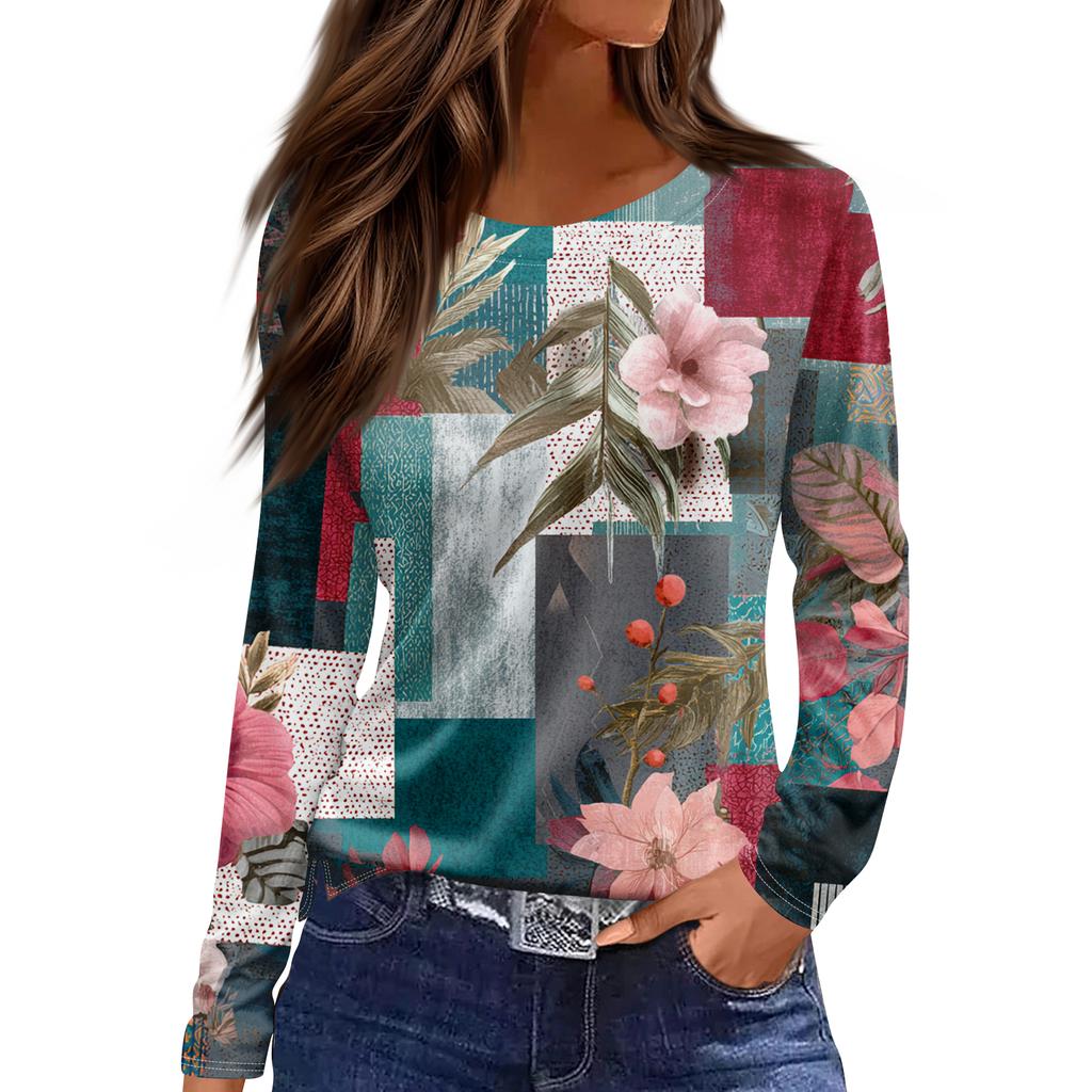 Women's Fashion Hem Slit Casual Retro Floral Print Round Neck Long Sleeve Top