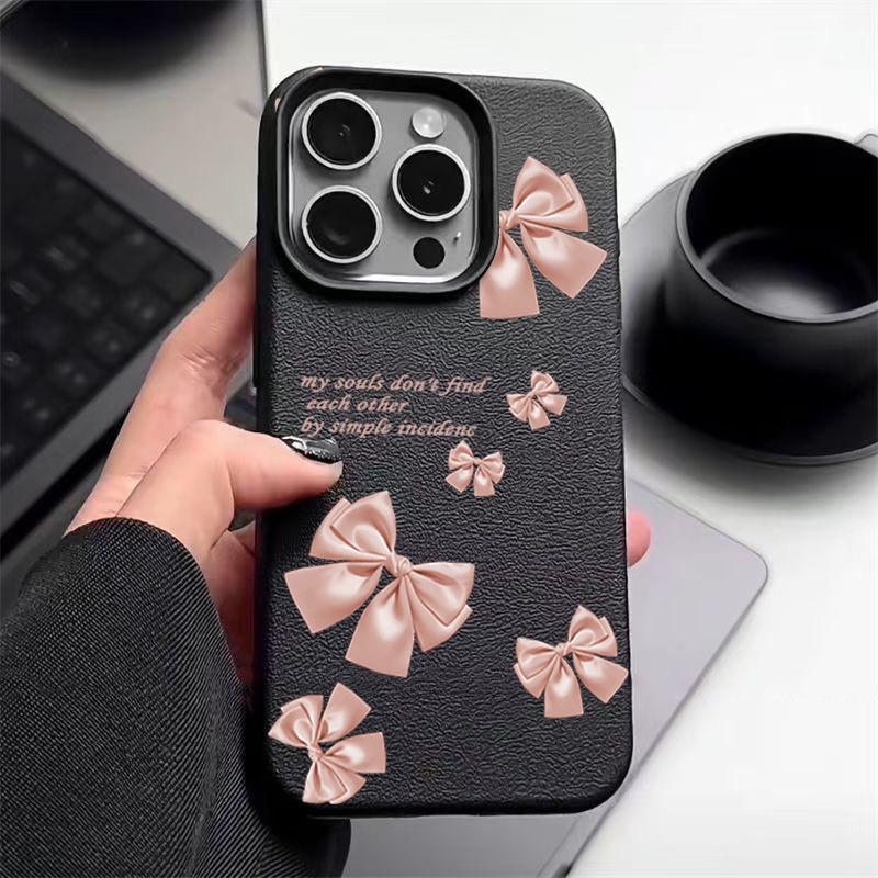 Pink Bowknot Print Soft Matte Case For iPhone 16 Pro Max 15 Pro 14 13 12 11 Solid Color Shockproof TPU Leather Texture Slim Phone Cover