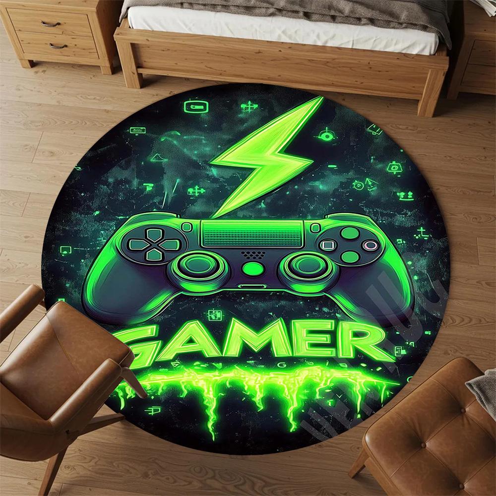1PC Gamer Controller Neon Round Chair mat Area Rug - Non-Slip, Floor Mat for Office, Bedroom, home decor Christmas Gift c0528127