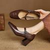 Casual Fashion Small Leather Shoes New Comfortable High Heels Fashion Single Shoes Square Head Buckle Beef Tendon Soft Sole Large Size Shoes Thick He